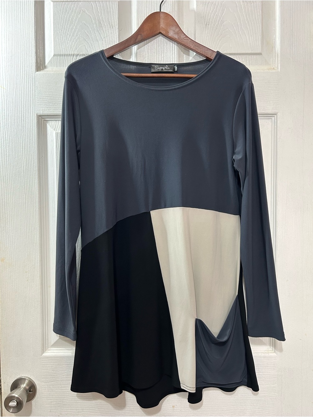 Sympli Colorblock Tunic Top Women’s Size L Black Gray Cream Long Sleeve